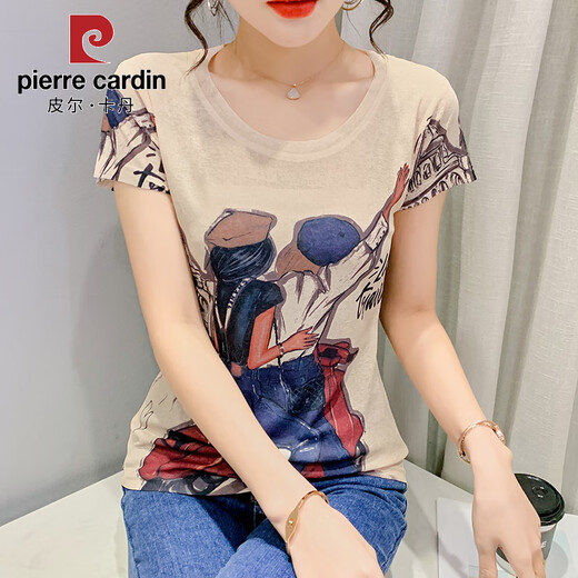 Pier Cardin 2025 summer new European slim half-sleeved top for women's fashionable slim creative cartoon printed short-sleeved T-shirt trend 8022-52# Khaki S