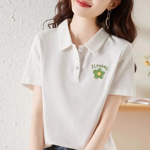 NY-RCE Kurzärärmig-T-Shirt für Frauen 2025 Sommer Pure Cotton Polo Nische lässig lockere, vielseitige Drucken-Lappel-T-Shirt Top 1476 Weiß (schwarzer Druck) l