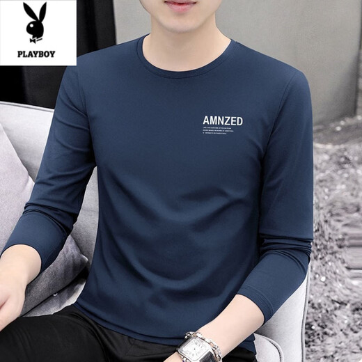 Playboy (Playboy) Langarmed T-Shirt für Männer 2025 Herbst neues Basishemd für Männer Frühling und Herbst Casual Ice Seidenrunde Hals Top für Männer 9209 Black M Empfohlen 70-90jin [Jin gleich 0,5 kg]