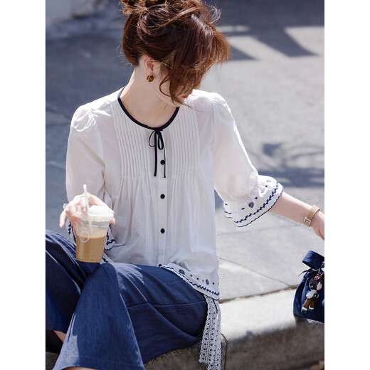 Awakening Paradise French Style Literary Style Round Neck Shirt Lace Tie High Waisted Wide Leg Pants Two-piece Commuting Suit Navy XL