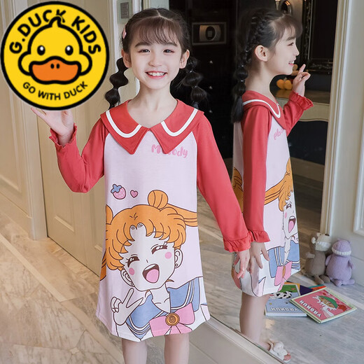 G.DUCKKIDS女童睡裙公主长袖春秋纯棉儿童睡衣女孩中大童夏季薄款家居服母女 公主领长裙WJ9909#蓝美少女 170 14码【建议身高120-125cm】