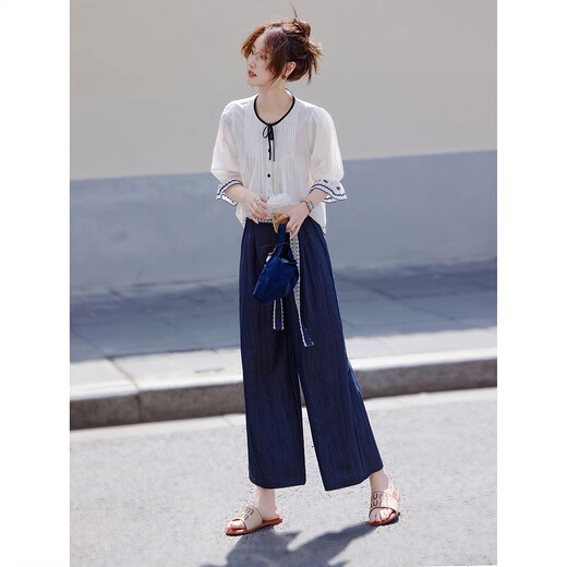 Awakening Paradise French Style Literary Style Round Neck Shirt Lace Tie High Waisted Wide Leg Pants Two-piece Commuting Suit Navy XL