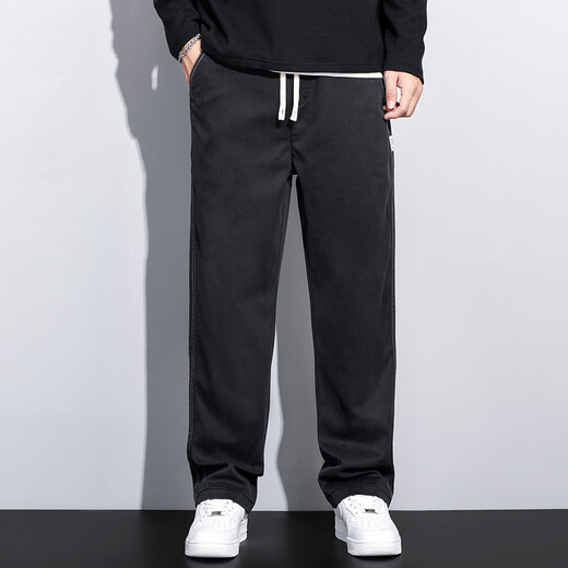 Autumn and winter plus velvet high street American jeans men's loose straight-leg tile wide-leg pants men's trendy casual high-waist trousers H1048 black + H1048 gray H1048 black + M 95-115Jin [Jin equals 0.5 kg]
