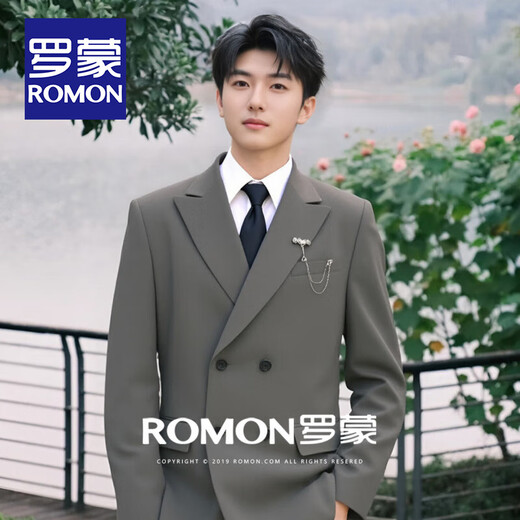 罗蒙（ROMON）男士西装套装双排扣新郎结婚礼服商务正装高级感宴会主持西服男 黑色【西服+裤子】 XL 151-165斤