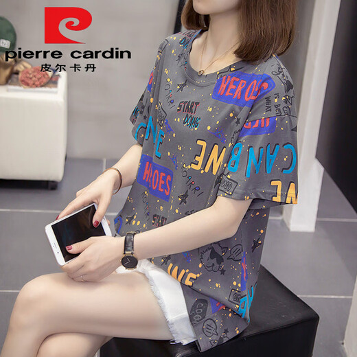 皮尔卡丹（pierre cardin）加大码胖mm夏装新款纯棉短袖t恤女韩版胖妹妹百搭显瘦遮肚子上衣 6629灰色今年流行的轻奢品牌 L 90-120斤