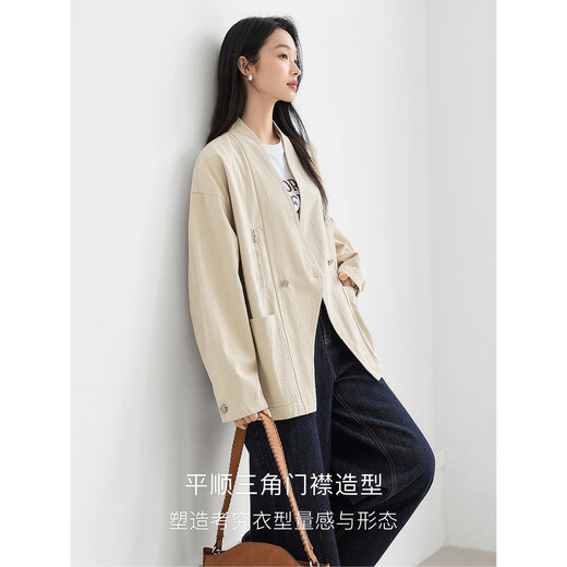 对白【100棉】宽松廓形工装短外套女2025秋新款慵懒通勤休闲上衣 浅卡其 S