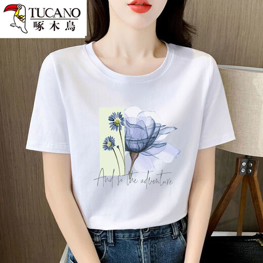 Woodpecker high-end combed pure cotton white short-sleeved T-shirt for women loose design and age-reducing niche summer clothing 2025 new top 6196 white high-quality pure cotton short M Recommended 80-105Jin [Jin equals 0.5 kg]