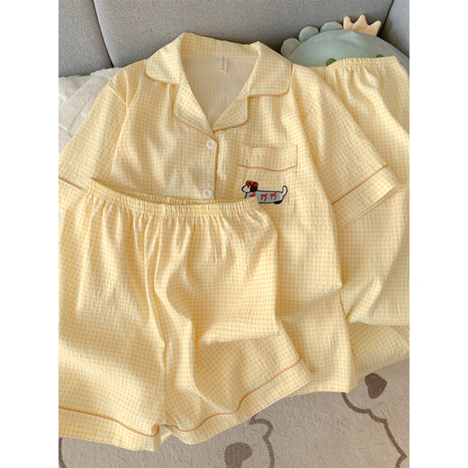 Arctic velvet dachshund dog pajamas for women 2025 new summer pure cotton gauze short-sleeved three-piece suit cardigan cotton silk home clothes Yunduo Cotton-J9901# Paradise puppy three-piece set M [Suggestion 75-100Jin [Jin equals 0.5 kg]]