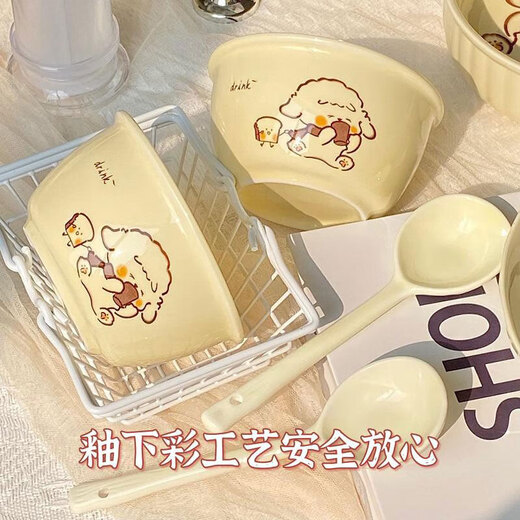 Milk fufu ceramic underglaze color double-eared bowl for one person household tableware set with spoon and chopsticks dormitory instant noodle salad bowl 4-piece set double-eared bowl + rice bowl + spoon + chopsticks