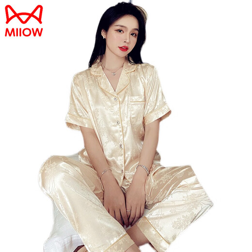 猫人（MiiOW）冰丝睡衣女士夏季丝.绸薄款短袖长裤加大码200斤家居服感套装 693#绿条纹三件套 M (建议80-100斤)