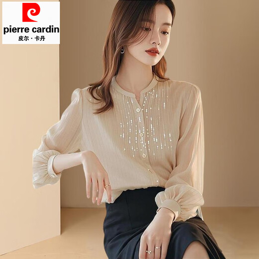 Pierre Cardin top chiffon shirt small shirt sequined spring and autumn women's clothing counter 2025 new long-sleeved cut label high-end bottoming beige shirt counter Western temperament S
