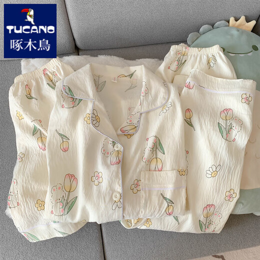 Pic pyjamas de lapin tulip mignon pour femmes en été mince coton pur gaze de coton court à manches à manches douces à la maison sweet à la maison en trois pièces yunduo cotton-j9901 # Paradise chiot trois pièces.
