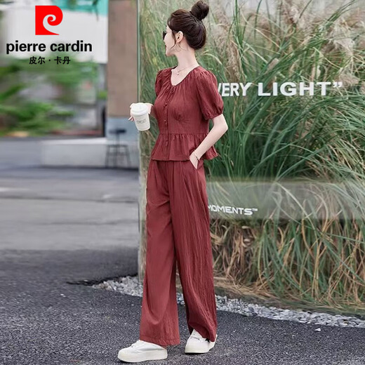 皮尔卡丹小香风套装女2025夏季新款时尚显瘦洋气减龄短袖休闲阔腿裤两件套 秀红色套装9227 S