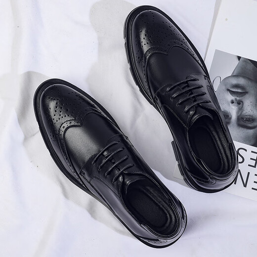 Mu Huisen (MUHUISEN) new spring product Brock carved thick sole men's shoes, height-enhancing shoes, cowhide business leather 3883 black 38