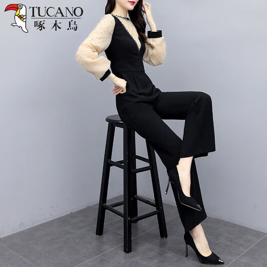 Tucano; Specht Frühlings- und Sommer-Jumpsuit Frauen 2025 Frühling neuer koreanischer Mode-Fashion Casual Black Jumpsuit High Taille Wide Legs Set Black Stripe 345 Dünn S 80-95Jin [Jin gleich 0,5 kg]