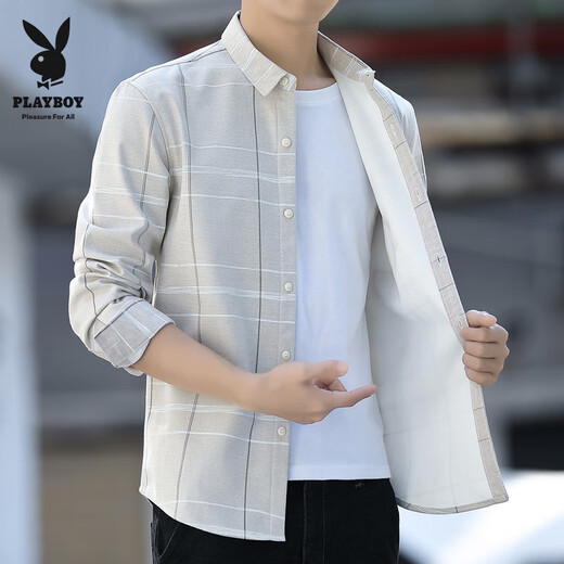 花花公子（PLAYBOY）男士秋季装加绒加厚长袖衬衫韩版内搭条纹衬衣潮流翻领保暖衫上衣 H9901红色 加绒 花花公子正品 M 90-104斤 花花公子正品