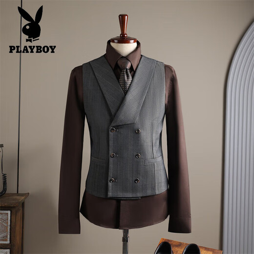 Playboy (PLAYBOY) light luxury high-end suit suit men's high-end British double-breasted plaid suit three-piece groom's wedding dress black (suit + pants + vest) 3XL 56