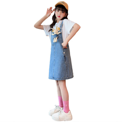 G.DUCKKIDS小黄鸭女童夏季套装儿童衣服女孩短袖牛仔背带裤中大童夏装两件套 白色套装 170 建议15~16岁【160-170cm】cm