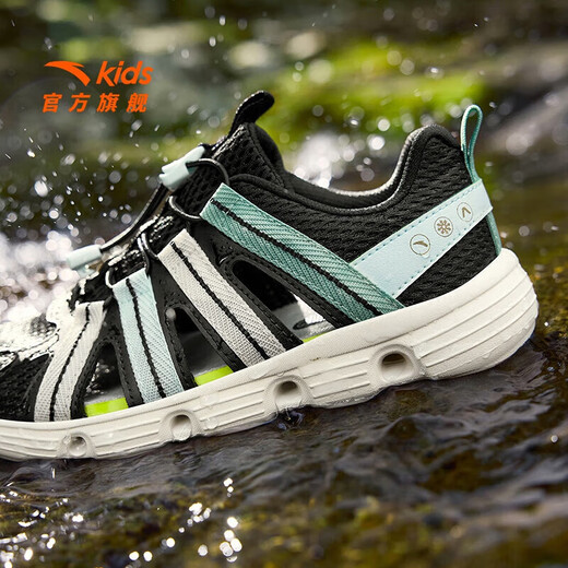 ANTA children's sandals, boys' shoes, 2026 summer new outdoor water and land tracing shoes, Baotou anti-collision beach shoes, black/ice crystal green-2 37, shoe inner length 23.5cm