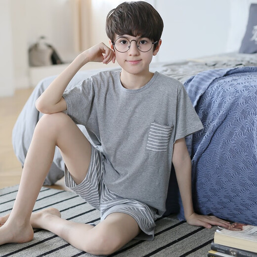 Capítulo genial (Kuzhang) Pajamas de pijamas de niños Nuevo algodón puro traje de manga corta para niños grandes niños delgados de algodón de algodón de algodón de algodón para el hogar N6629. Doble corto 115 12 Altura recomendada de tamaño - 125 cm