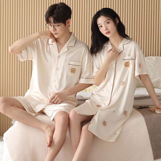 
Yalu couple pajamas summer thin ice silk 2025 new cardigan short-sleeved home clothing sense men's large-size suit L6210 ice silk skirt cover 2XL women + men's XL