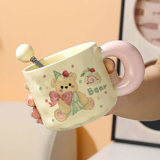 Girly Heart Bear Mug Cute Fufu Cartoon Household Water Cup with Cover for Sisters and Friends Birthday Gifts Bow Tie Bear Cup + Spoon 1 Piece 320ml