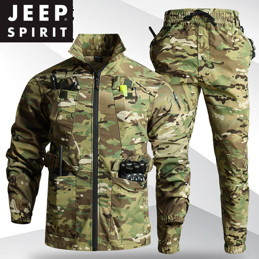 JEEP SPIRIT camouflage suit quick-drying suit men's summer thin style thin grid wear-resistant breathable work clothes for work outdoor work 723 summer [black camouflage] suit (button style) 185/3XL [160-180Jin [Jin equals 0.5 kg]]