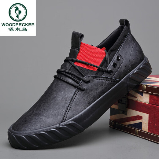 Woodpecker Spring and Autumn 2025 new casual men's shoes black waterproof leather shoes summer trendy shoes Korean style shoes business UK 9851 black white low top 41