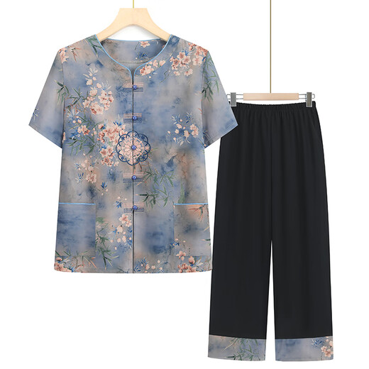 京功老年人衣服奶奶款70-80岁夏季短袖套装女妈妈衬衫两件 6626绿色(套装) 5XL [建议145-160斤]