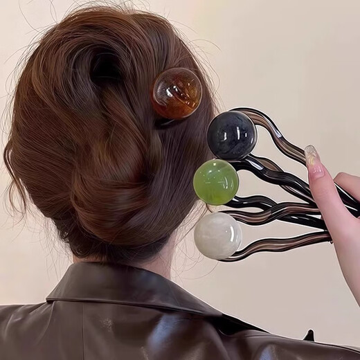 DRJEFUN simple U-shaped hairpin girly back head ball hair artifact retro temperament hairpin hairpin headdress green beads U-shaped hair fork