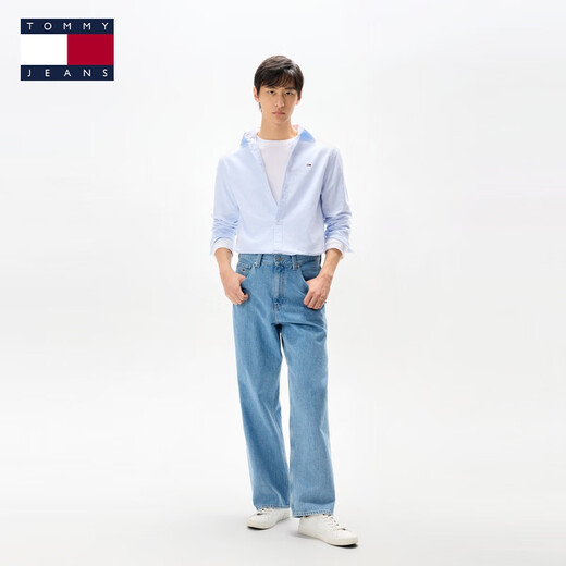 TOMMY JEANS cotton and linen blend autumn and winter men's solid color business casual simple resort style long-sleeved shirt jacket light blue C3Q M