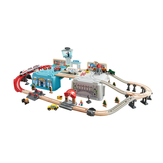 Hape German Hape small train track toy wooden building block assembly and plug-in set multi-functional children's train toy train track transportation hub storage set E3773