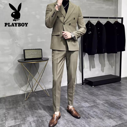 Playboy (PLAYBOY) high-end double-breasted peaked lapel suit men's wedding Korean version slim British style casual small suit jacket navy blue jacket + pants 4XL (163-175Jin Jin equals 0.5 kg)