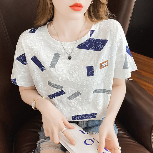 Tum! Reines Baumwoll-Kurzärärt-T-Shirt für Frauen weiße halbe Ärmeln T-Shirt Sommeranzug 2025 NEUE KOREAN LOSSE Women's Summer Top 810 Blue Square + 897 Drei-Farben-Blumen Empfohlen 95 Jin [Jin entspricht 0,5 kg]