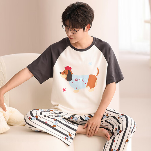 Langsha Pajamas Men Summer Algodón puro Pantalones de manga corta Traje de cuello redondo casual Floja de verano Summer Ropa de verano 833 Hombres l