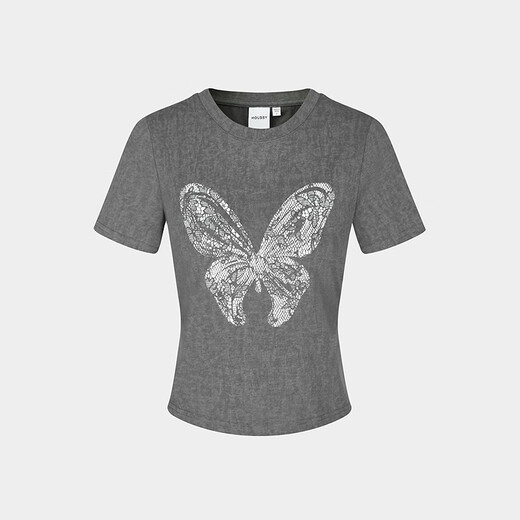 Mousssy 2025 Sommer Neues Produkt Casual Style Butterfly bedrucktes Baumwollkurzärmel-T-Shirt für Frauen 028isa90-3891 160 graue Single-Größe