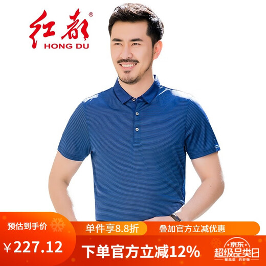 红都男士t恤商务休闲短袖T恤 翻领宽松男装半袖短T 蓝色TD6172-1 M 170/88A