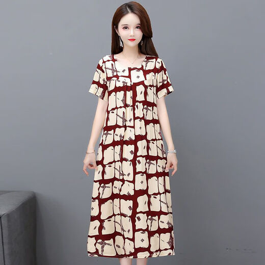 Hanqing Zhongsu Summer Floral Cotton Silk Robe Fomen in Women's Summer Round Coul Round Style Co dans la mode de grande taille de grande taille du tempérament d'âge moyen 9923 Modèle n ° 3 XL (Recommandé 90jin [Jin est égal à 0,5 kg] -120jin [Jin est égal à 0,5 kg]))