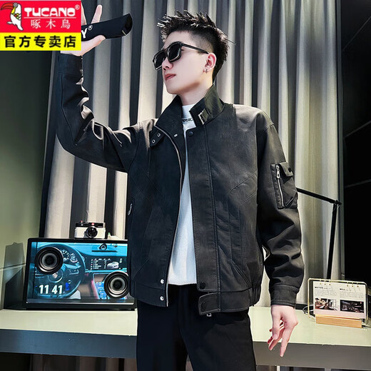 啄木鸟（TUCANO）皮衣外套男秋冬款加厚痞帅美式复古短款皮褂子飞行员机车服夹克衫 咖色 A343-JK180收藏加购优先发 M