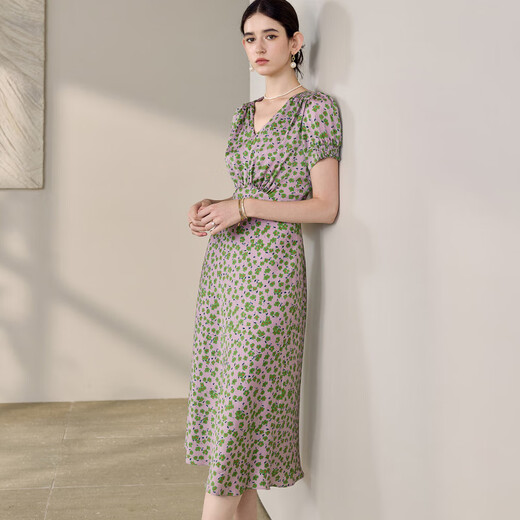 ROEYSHOUSE ROYE Elegante Vestido floral de cuello en V para mujeres 2025 Summer NUEVA MANAGA DE MANAJA Cerrada a mitad de largo 12138 Floral S