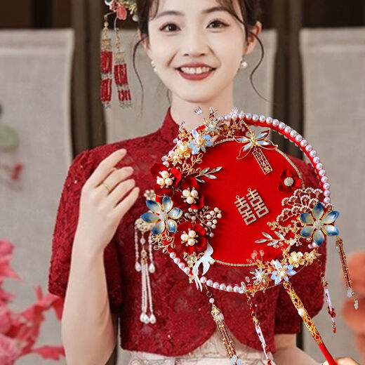Chinesisches rotes Gold doppelseitig Doppelkreis Runde Lüfter DIY Materialbeutel fertig Produkt Braut Hochzeit Drache Phoenix XiUhe Kleidung Handheld Bouquet Red Make-up/weiße Materialtasche