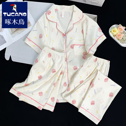 Pyjamas à trois pièces pour femmes en été 2025 NOUVELLE FEMMES minces Cloud d'été Coton Coton Colt à manches courtes à manches courtes peut être porté à l'extérieur de 9922 # Cloud Cotton Treece Set XL [115-130] Jin [Jin est égal à 0,5 kg]