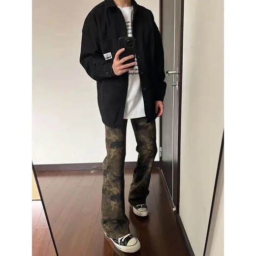 American retro camouflage jeans for men in spring and autumn slim high street cleanfit slightly flared straight casual long pants Camouflage M recommended 95-110 Jin Jin equals 0.5 kg
