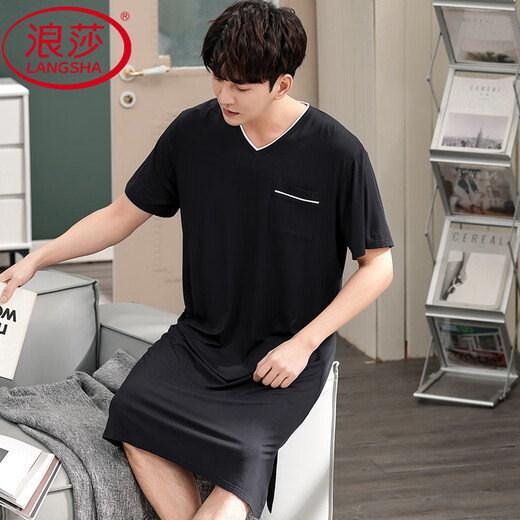 Langsha Men's Nightgown Summer New Style Modal Pyjamas Plus taille à manches courtes en V lâche peut être portée à l'extérieur avec des vêtements de grande taille SMH [844 Gris foncé] M