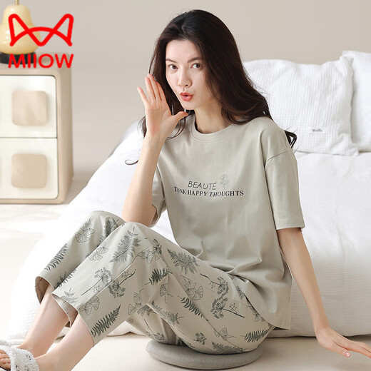 猫人（MiiOW）睡衣女夏季纯棉短袖长裤薄款全棉夏天女士家居服套装春秋季 YZT9721 短.袖长.裤 主图款 M 80-100斤