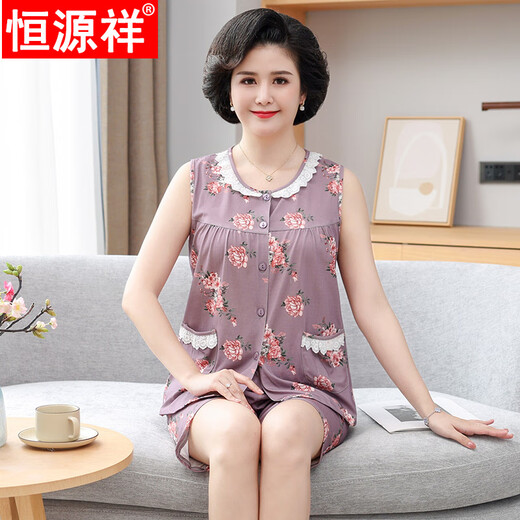 Hengyuanxiang summer new pure cotton pajamas women's sleeveless vest shorts cardigan suit middle-aged and elderly mothers simple home clothes 9720# cardigan M