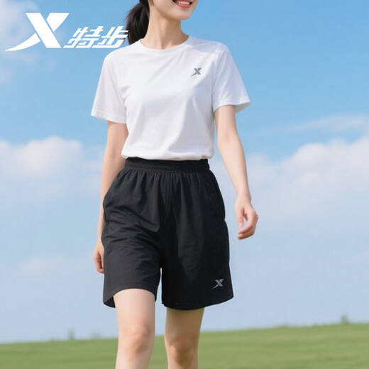特步运动套装女夏季宽松跑步健身运动服冰丝速干薄款短袖短裤两件套女 正黑色/宽松休闲-拉链口袋 M /165