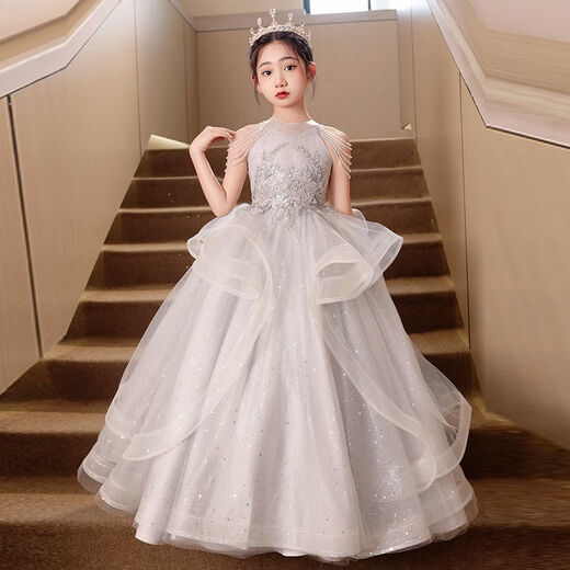 千硕森多场合百搭女童生日礼服高端轻奢小众公主裙儿童夏季花童主持钢琴 05香槟色+皇冠 140