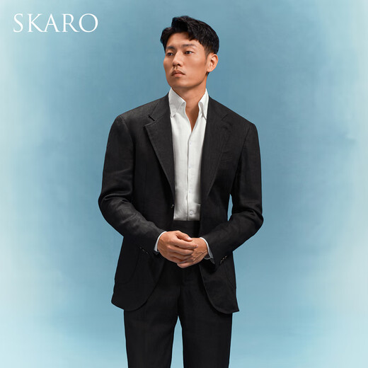 SKARO【亚麻&手工米兰眼】高端休闲西服套装男士夏季那不勒斯西装 黑色SKG1422A 44 码上衣【西裤尺码请备注】