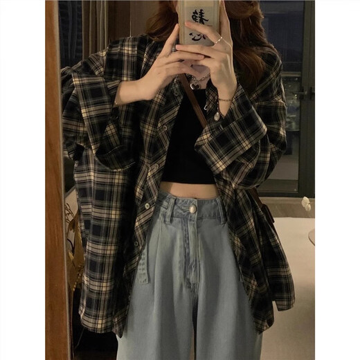 Retro plaid shirt for women in summer 2025 new shirt design thin style with top coat for women Navy blue M Recommended 95-110Jin [Jin equals 0.5 kg]
